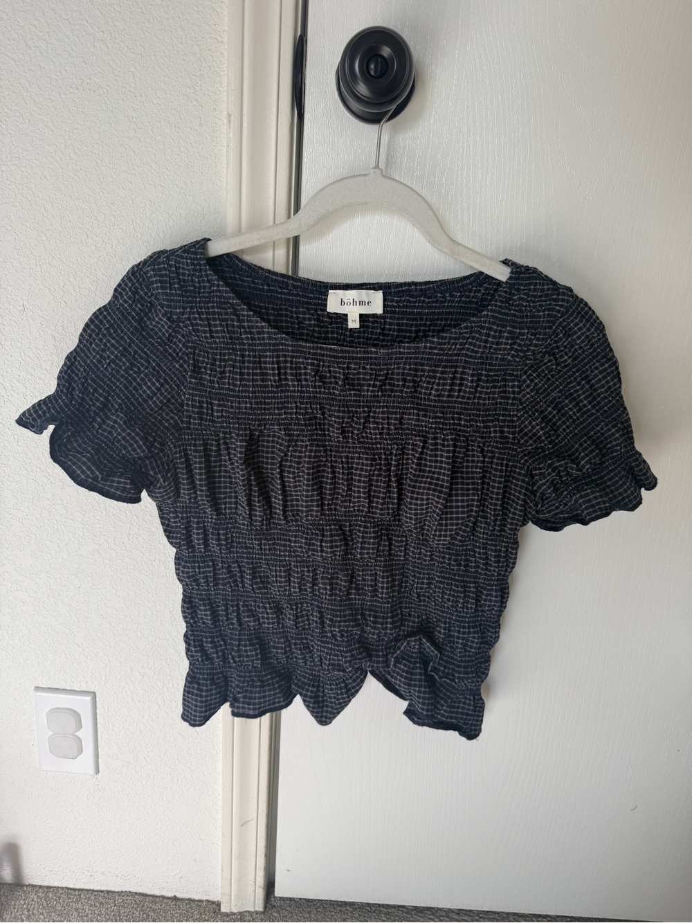 Boheme Black Smocked Puff-Sleeve Blouse with Subtle Grid